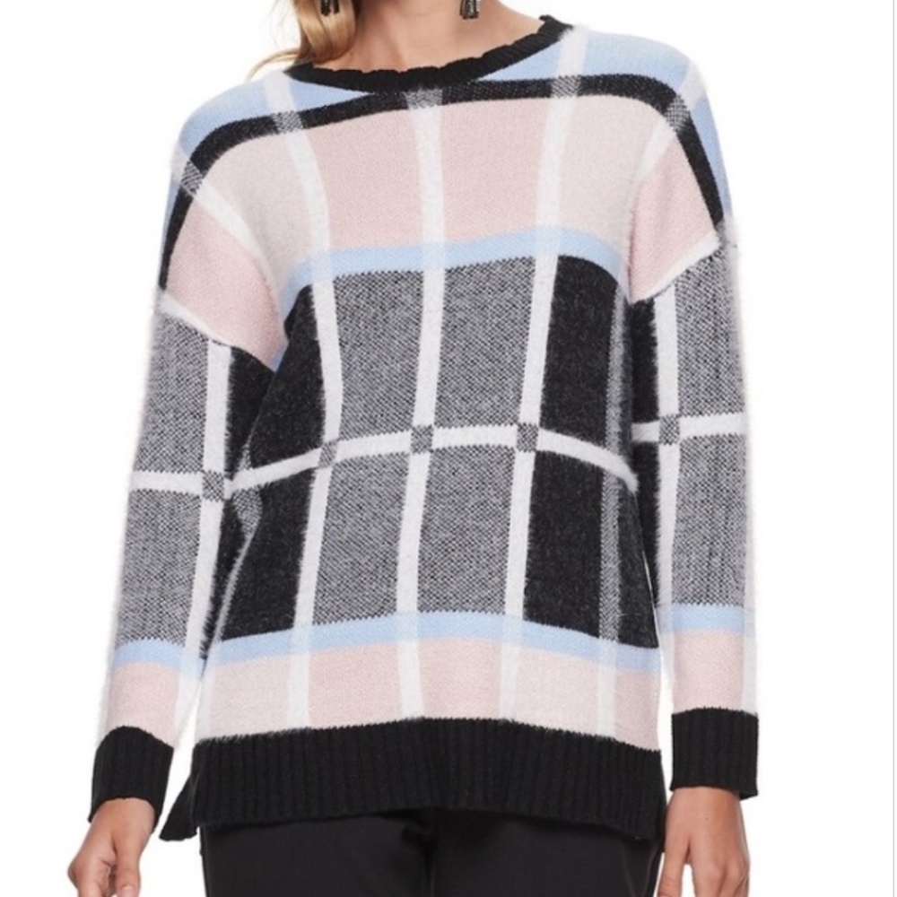 Elle Fuzzy Plaid Cozy Dressy Sweater Soft Check Knit Pullover Scallop Neckline